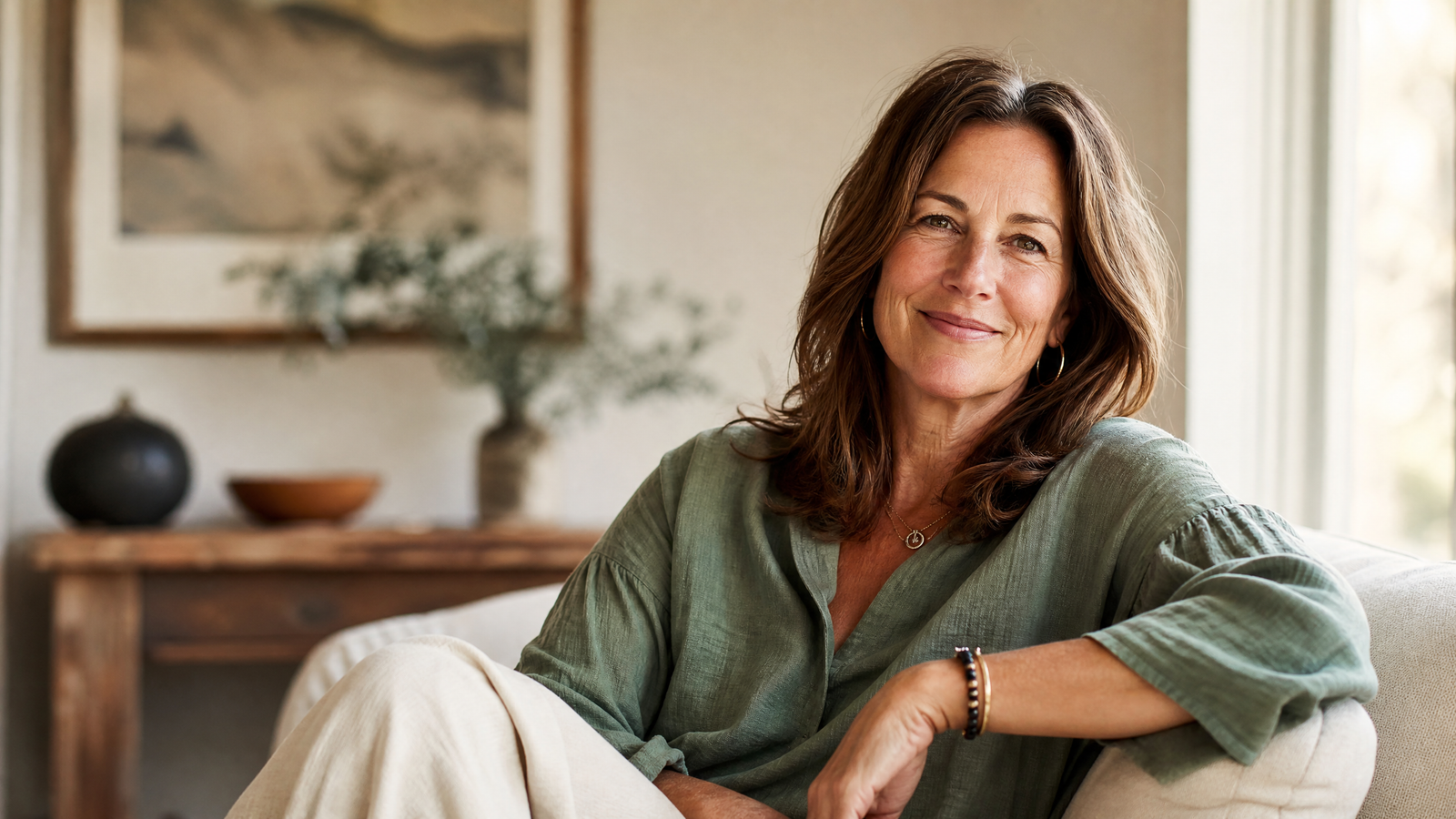 A confident, relaxed woman in her late 40s sitting comfortably near a window with natural light — representing the warm, real, and grounded voice of wellness by kelli