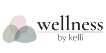 wellness by kelli primary stacked logo — three overlapping pebble circles on the left with wellness by kelli text on the right
